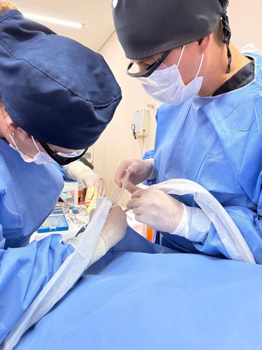 Dr. Guilherme e Dra. Bruna em cirurgia, vistos de perto