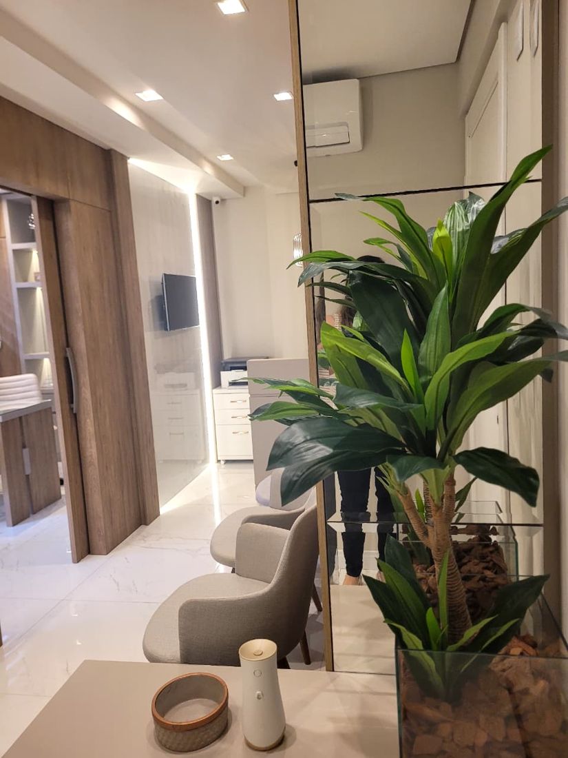 Detalhe da recepção com planta e mesa de apoio